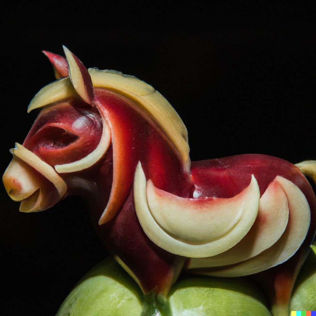 a horse, fruit carving